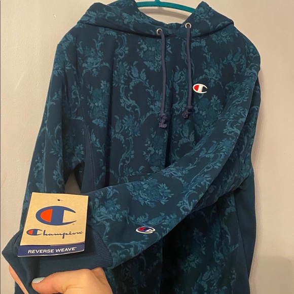 Champion Teal Patterned Hoodie Reverse Weave Medium Hoodie - Picture 6 of 7